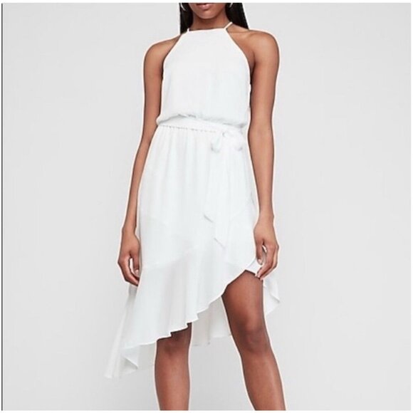 Express High Neck Asymmetrical Ruffle Wrap Fit And Flare Dress White Size Medium - Picture 3 of 8